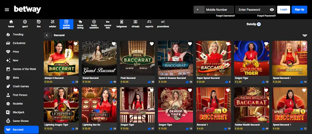 Betway Baccarat Games Screenshot